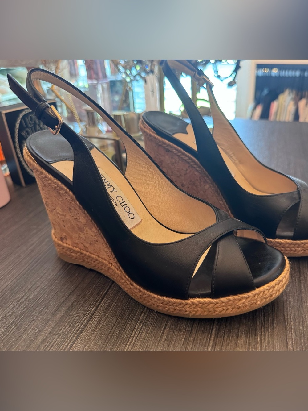 Jimmy Choo Black Leather Espadrille Wedge Slingback Sandals